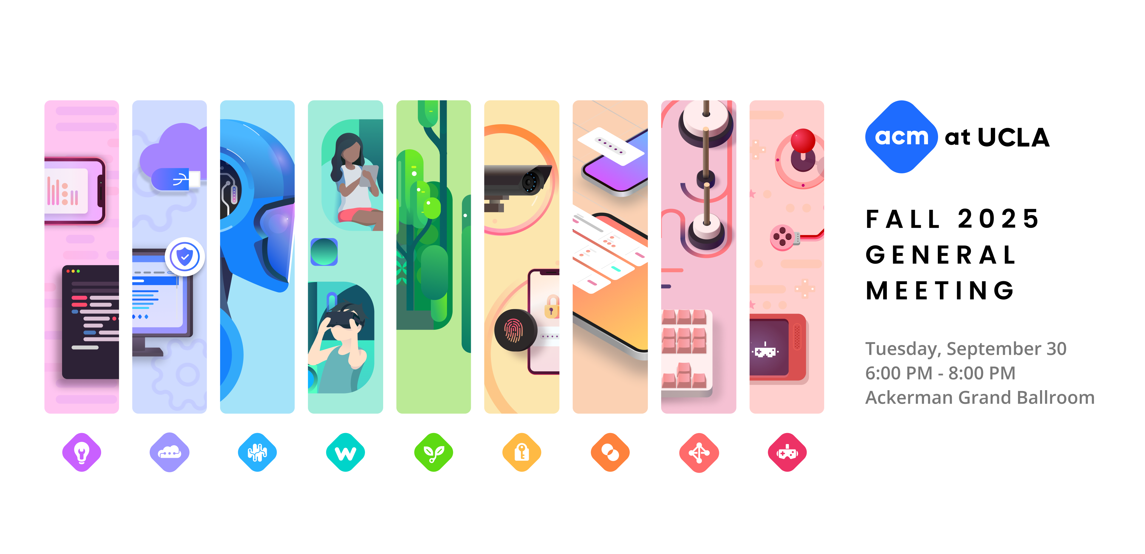 Fall GM 2025 Marketing Graphic. Fall GM will happen on Tuesday, 8 30th from 19:0 to 21:0 in Ackerman Grand Ballroom